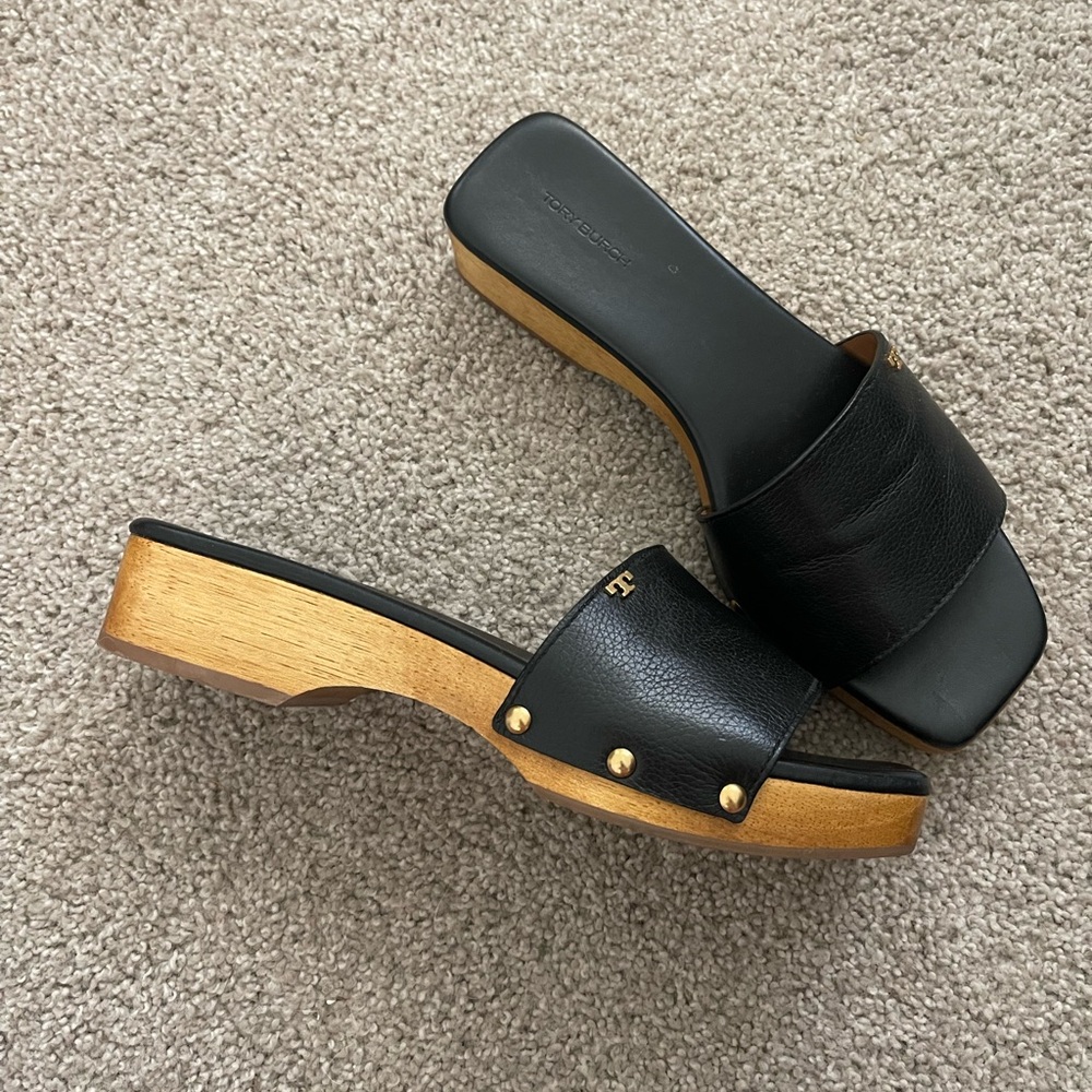 Tory Burch Black Leather Sandals with Gold Accents